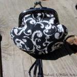 Handmade Fantasy Black Kiss Clasp Coin Purse, Change Purse, Coin Pouch with White Filigree, Swirls