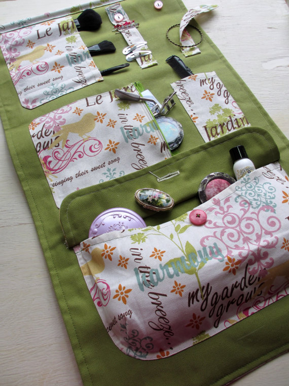 Handmade Spring Green, Pink, Blue, and Orange Beauty Fold Up Case, Travel Case, Cosmetics Case, Product Case